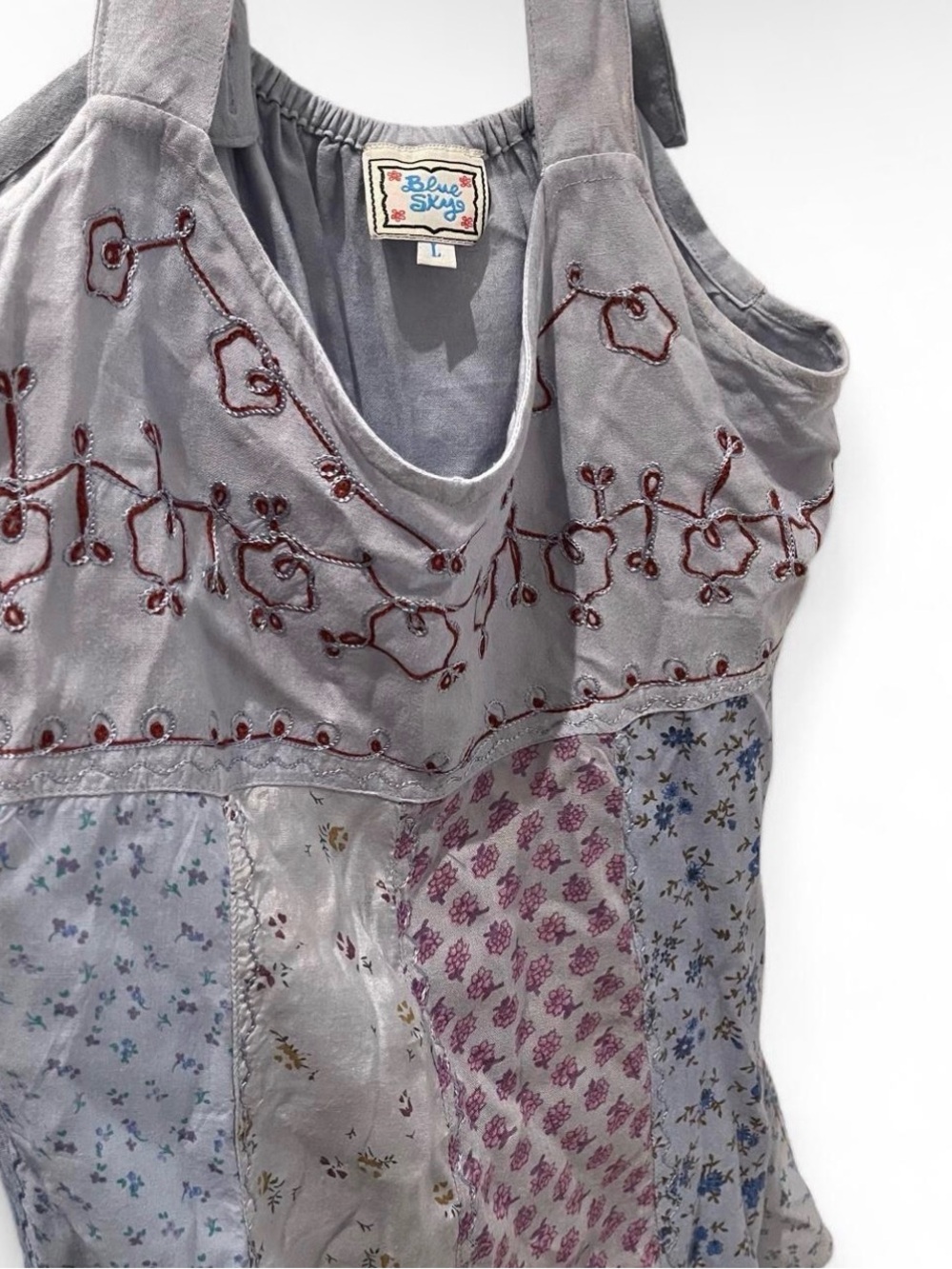 Vintage Blue Sky Y2K Patchwork Floral Embroidered Halter Top Fairycore Size L